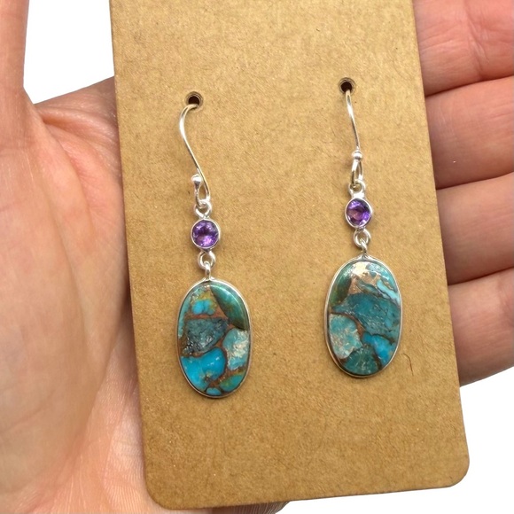 Kingman Mine Copper Turquoise Earrings Solid 925 Sterling Silver Pierced Dangle - Picture 3 of 5